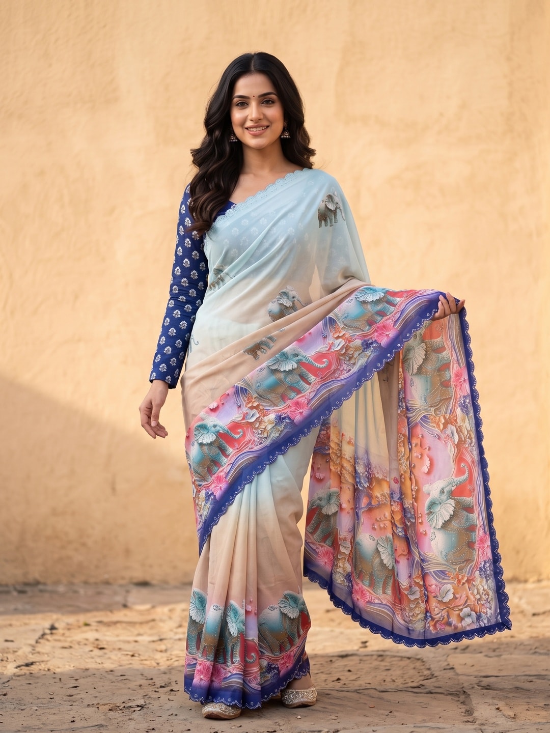 Peachmode Navy Blue Weightless Georgette Saree With 3D Elephant Digital Print And Stone Work Border - Image 1