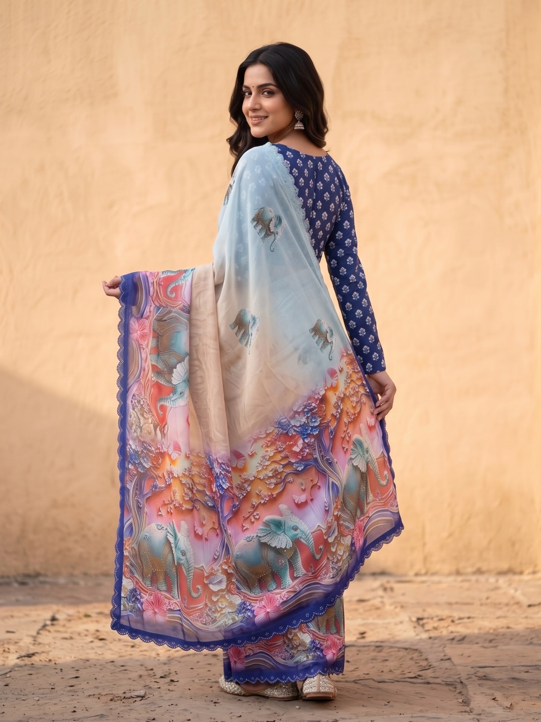 Peachmode Navy Blue Weightless Georgette Saree With 3D Elephant Digital Print And Stone Work Border - Image 2