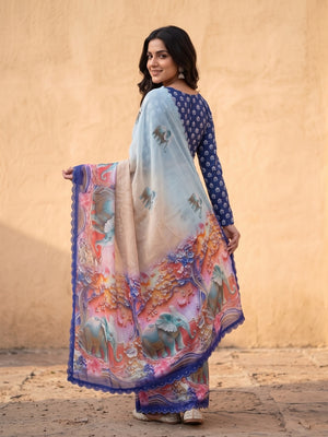 Peachmode Navy Blue Weightless Georgette Saree With 3D Elephant Digital Print And Stone Work Border - Image 2