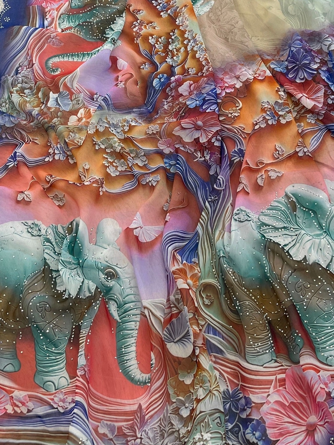 Peachmode Navy Blue Weightless Georgette Saree With 3D Elephant Digital Print And Stone Work Border - Image 5