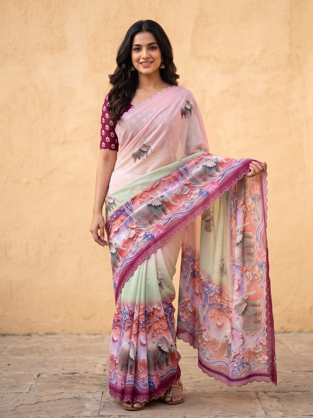 Peachmode Wine Weightless Georgette Saree With 3D Elephant Digital Print And Stone Work Border - Image 1