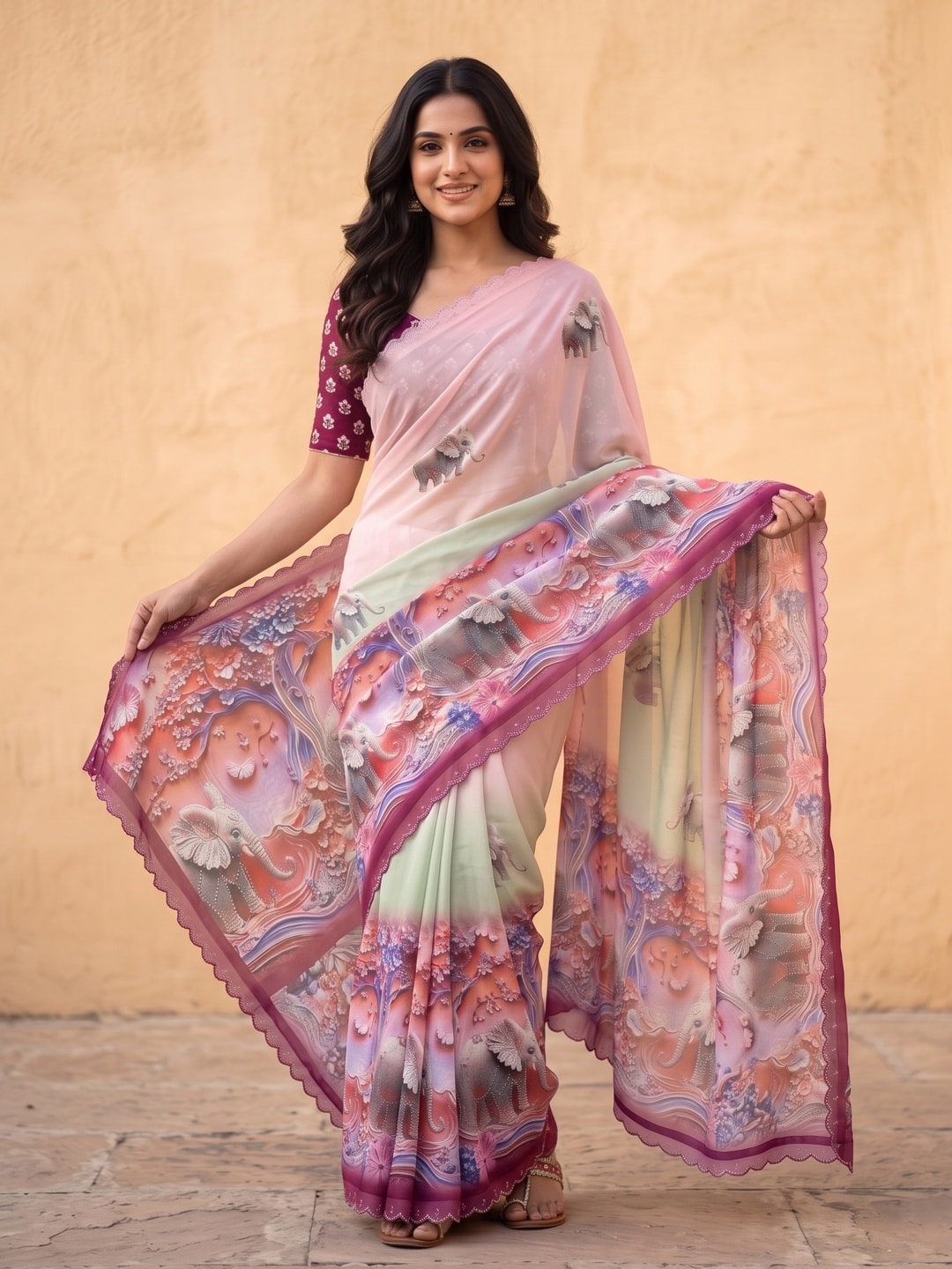 Peachmode Wine Weightless Georgette Saree With 3D Elephant Digital Print And Stone Work Border - Image 4