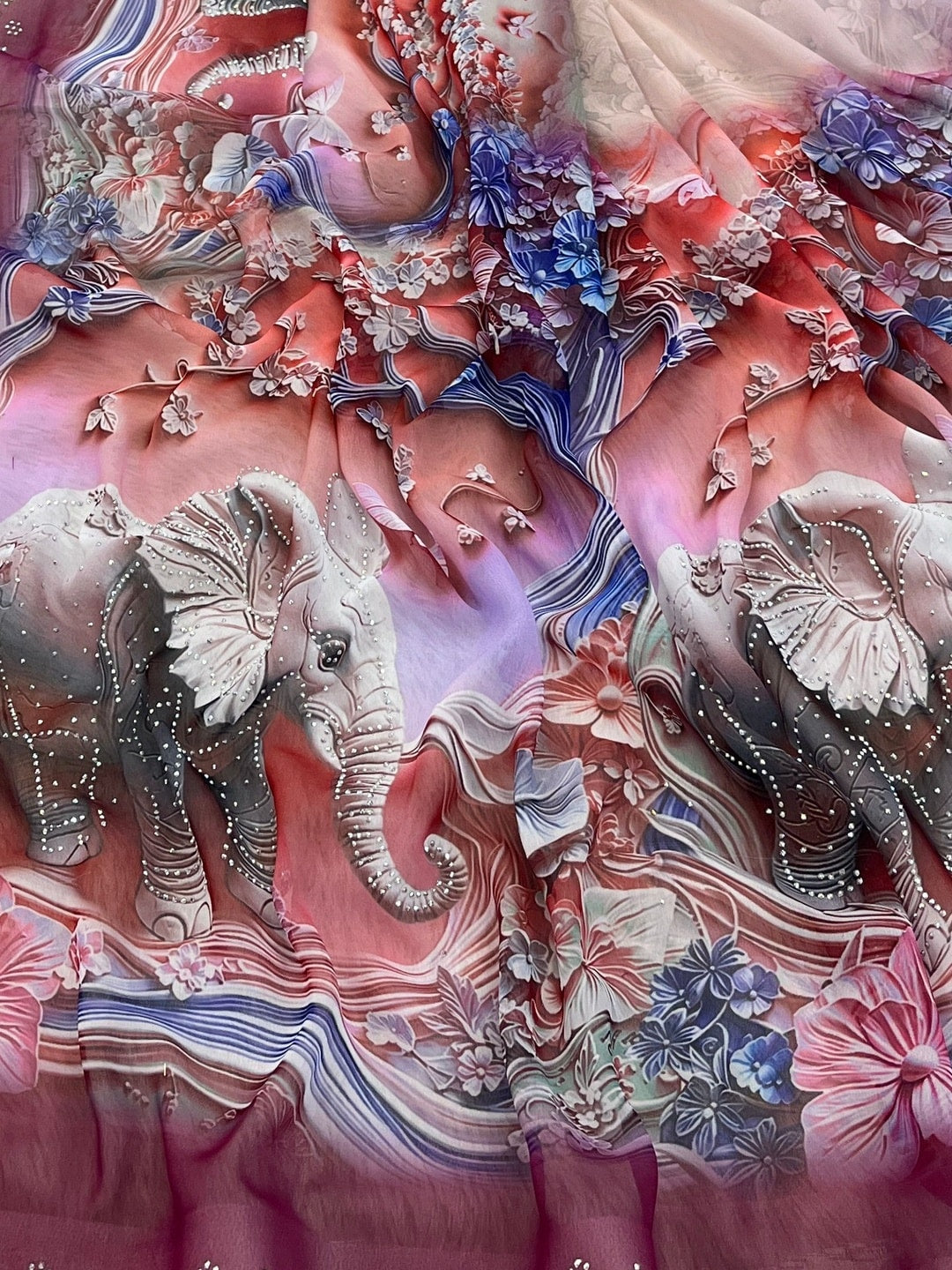Peachmode Wine Weightless Georgette Saree With 3D Elephant Digital Print And Stone Work Border - Image 5