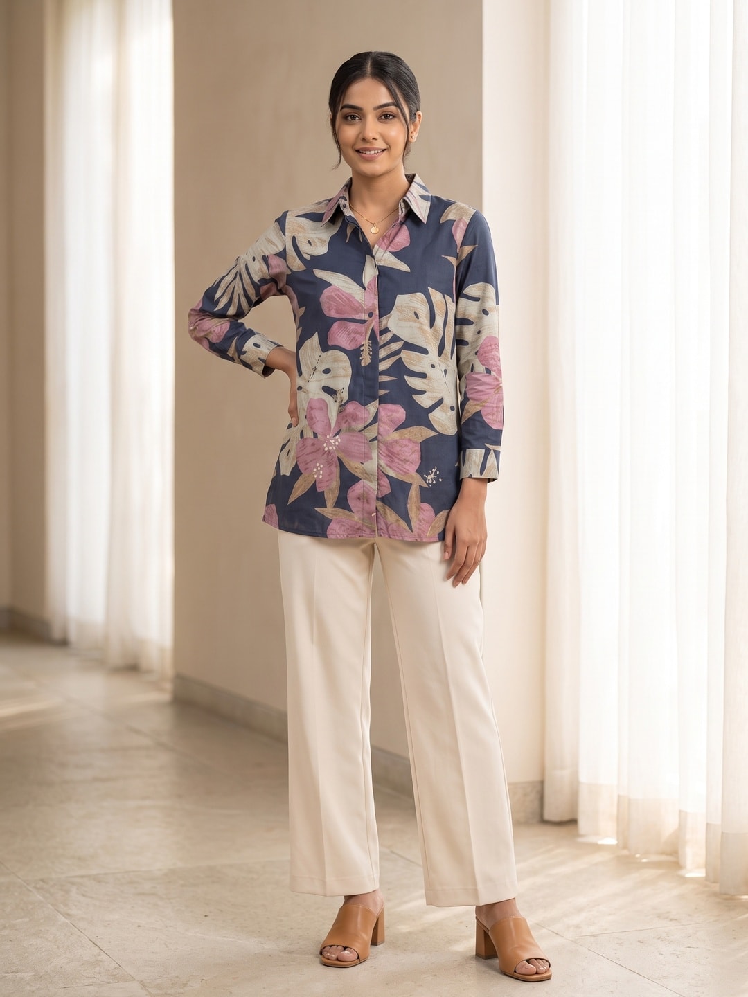 Trendy Blue Floral Muslin Shirt Top With Smart Collared Neck & Button Down Front - Image 1