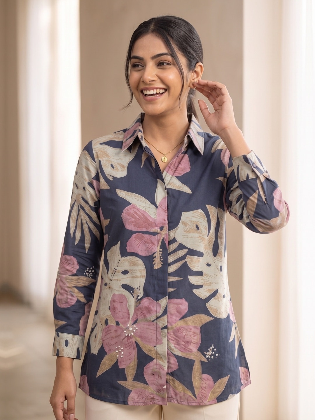 Trendy Blue Floral Muslin Shirt Top With Smart Collared Neck & Button Down Front - Image 5