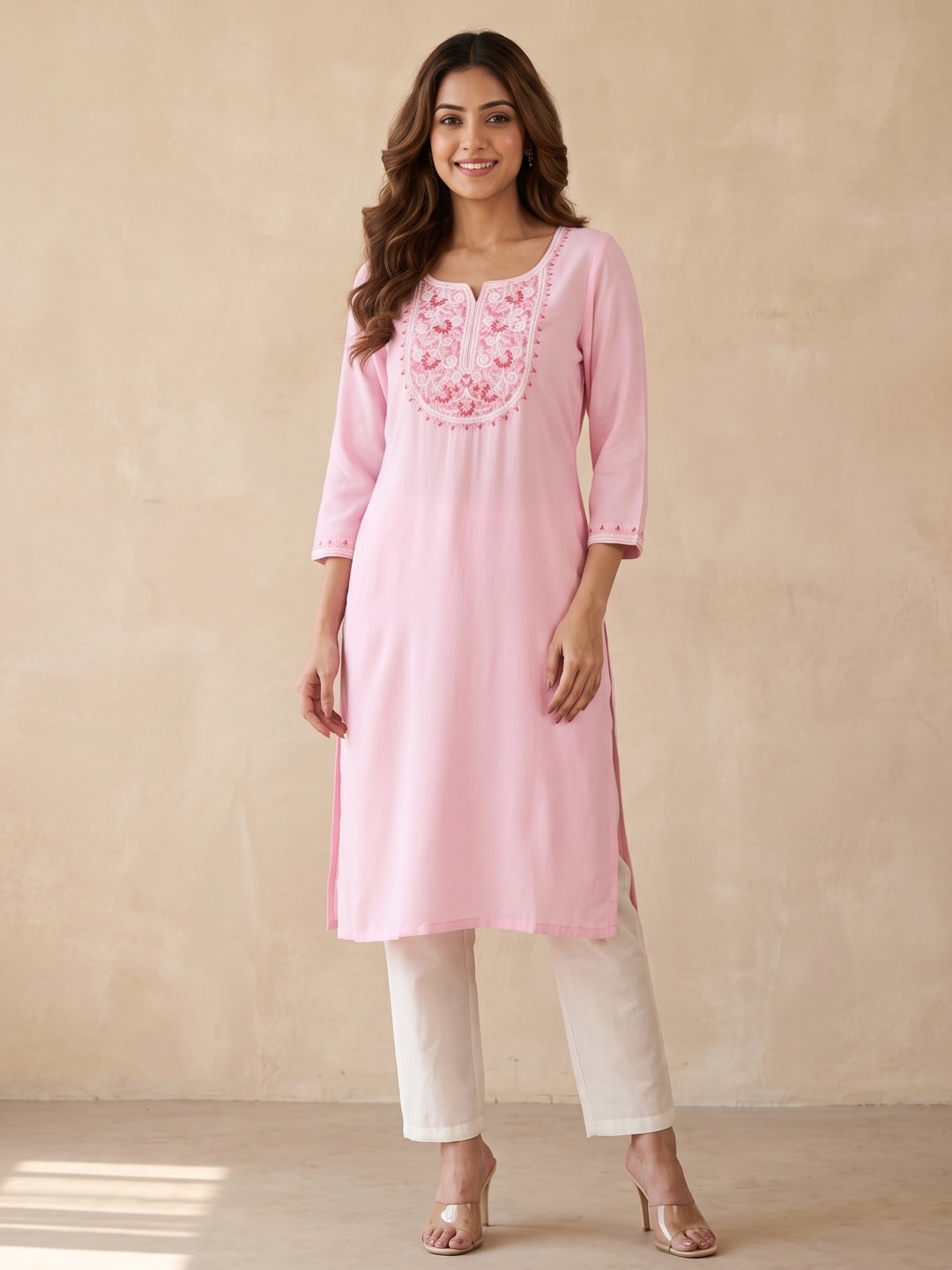 Light Pink Yoke Embroidered Rayon Straight Kurti - Image 1