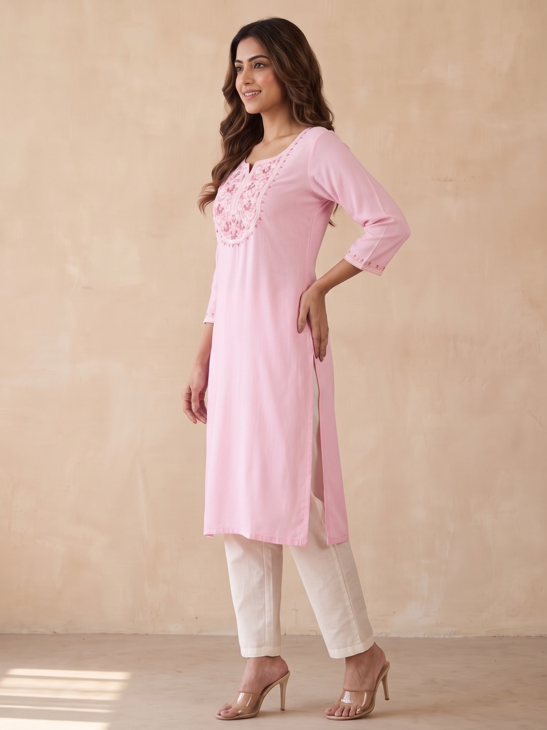 Light Pink Yoke Embroidered Rayon Straight Kurti - Image 3