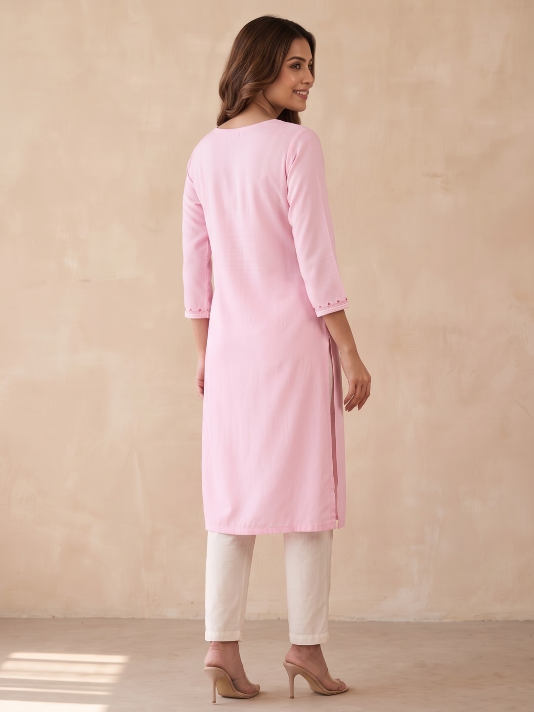 Light Pink Yoke Embroidered Rayon Straight Kurti - Image 4