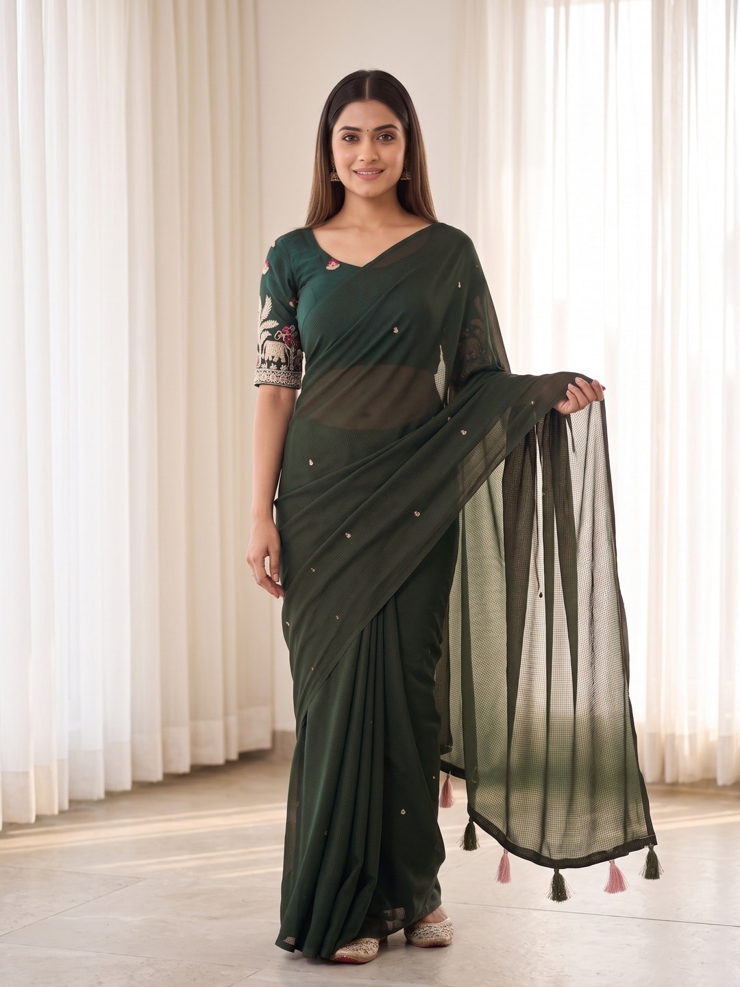 Peachmode Mehndi Green Weightless Georgette Saree With Tassels And Heavy Embroidery Blouse - Image 1