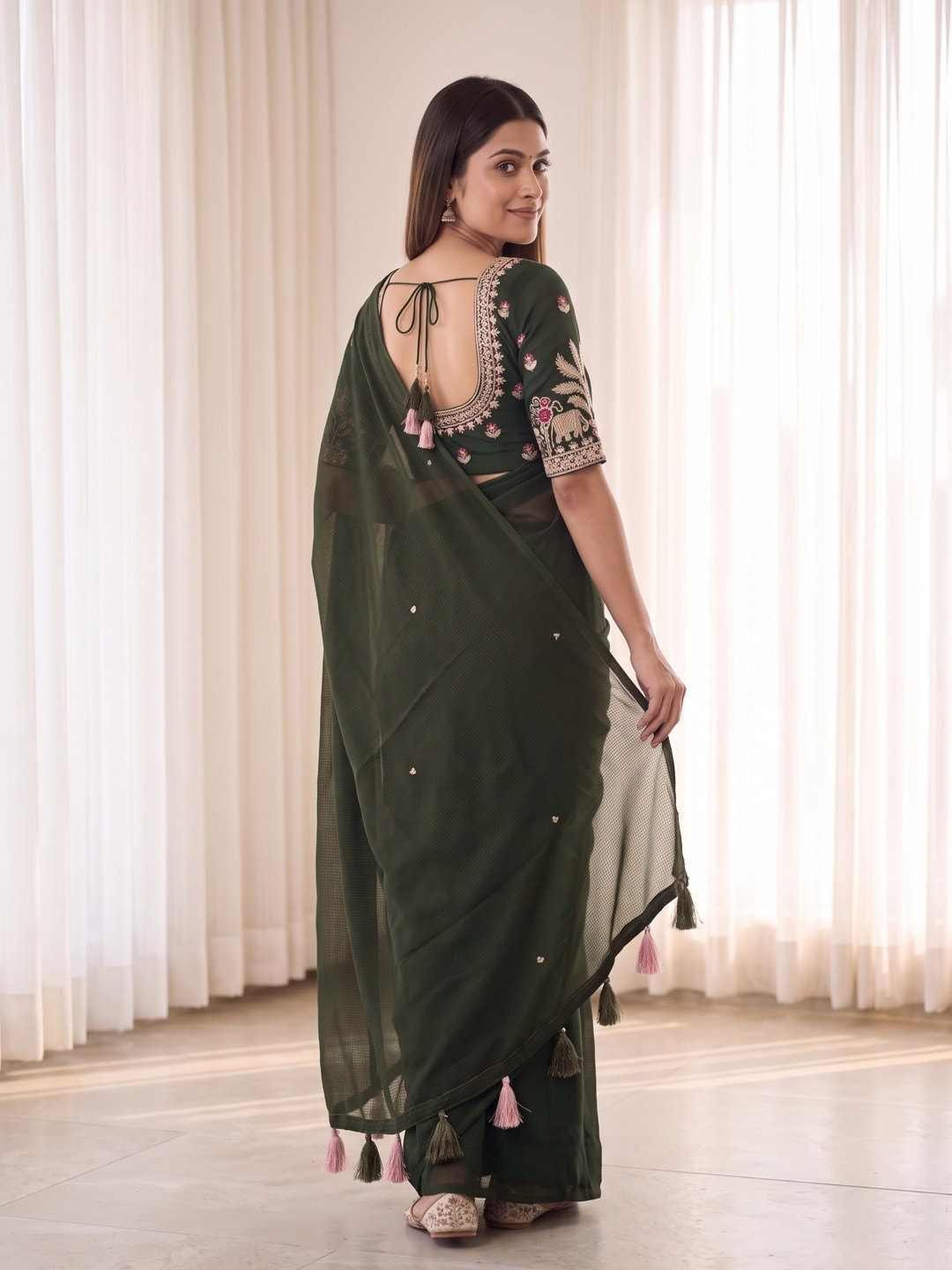 Peachmode Mehndi Green Weightless Georgette Saree With Tassels And Heavy Embroidery Blouse - Image 2