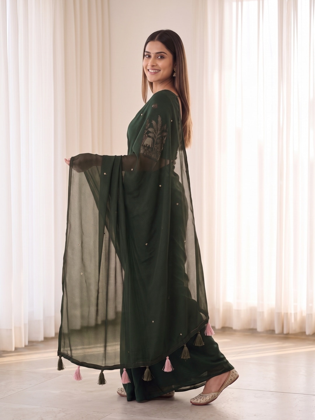 Peachmode Mehndi Green Weightless Georgette Saree With Tassels And Heavy Embroidery Blouse - Image 3
