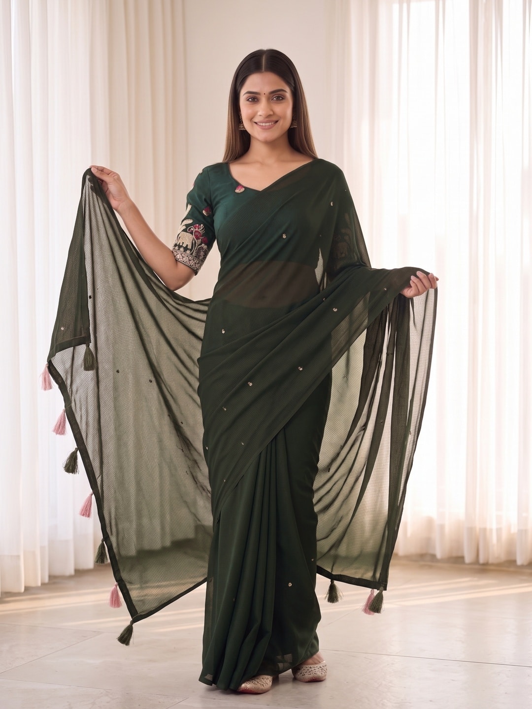 Peachmode Mehndi Green Weightless Georgette Saree With Tassels And Heavy Embroidery Blouse - Image 4
