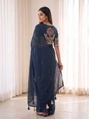 Peachmode Navy Blue Weightless Georgette Saree With Tassels And Heavy Embroidery Blouse - Image 2