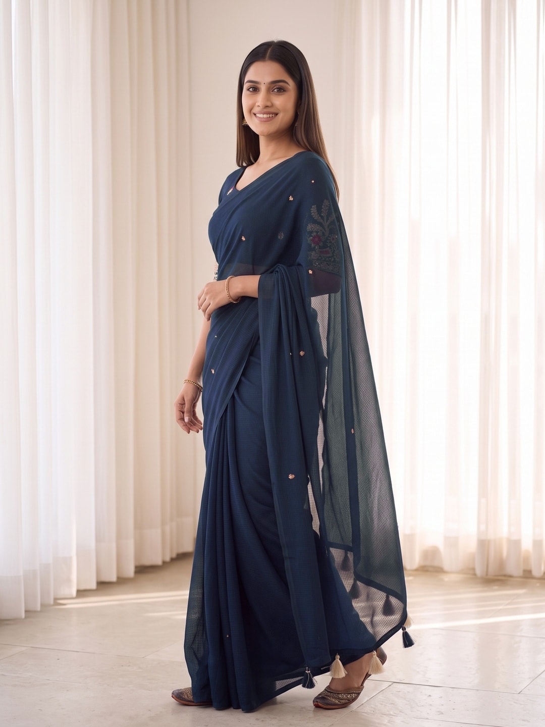 Peachmode Navy Blue Weightless Georgette Saree With Tassels And Heavy Embroidery Blouse - Image 3
