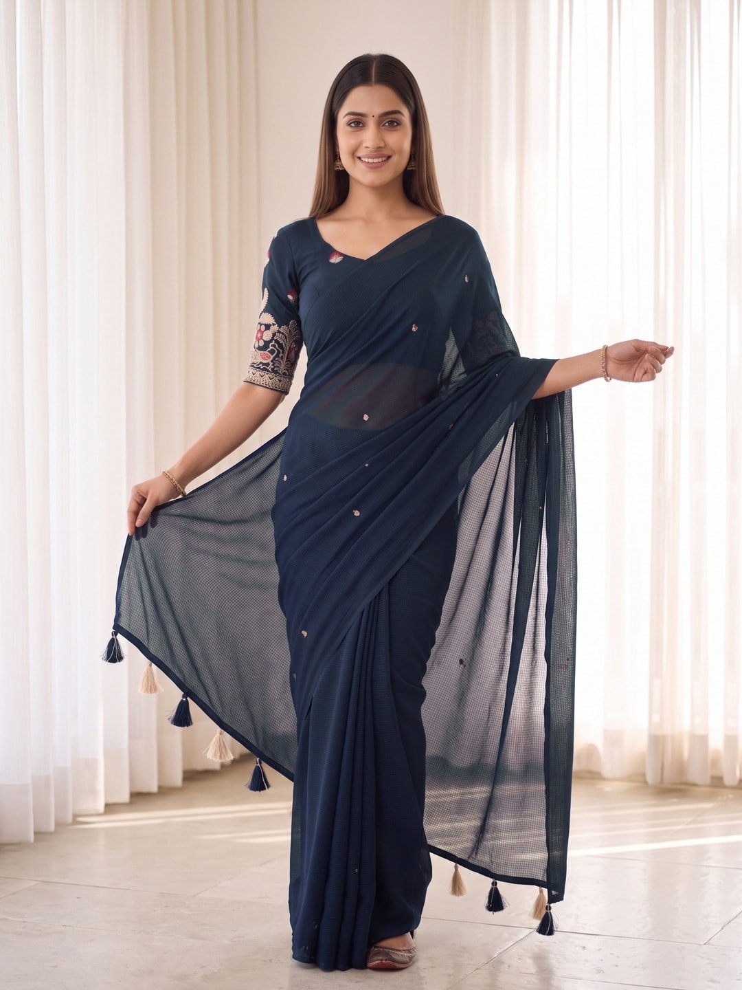 Peachmode Navy Blue Weightless Georgette Saree With Tassels And Heavy Embroidery Blouse - Image 4