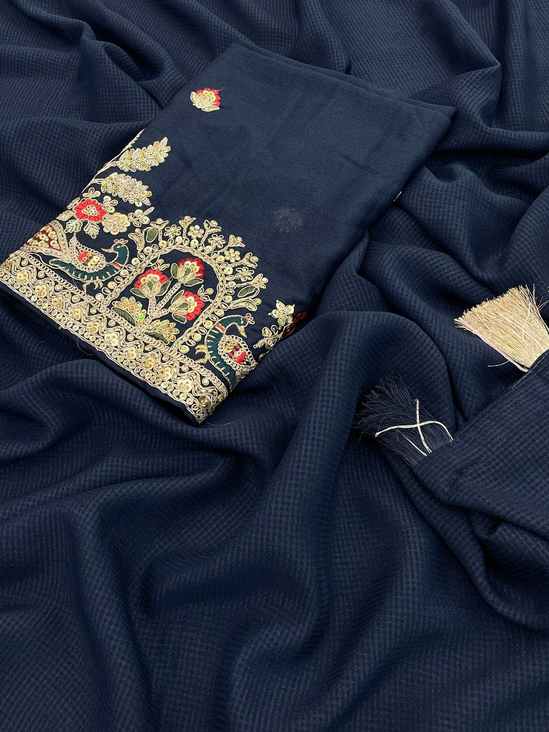 Peachmode Navy Blue Weightless Georgette Saree With Tassels And Heavy Embroidery Blouse - Image 5