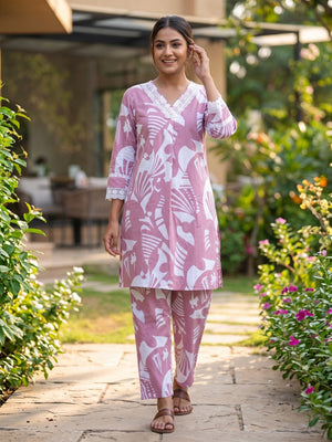 Relaxed Fit Pink Cotton Co-Ord Set with Delicate Floral Motifs - Image 2