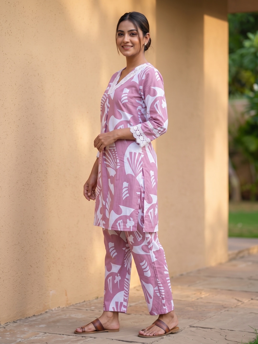 Relaxed Fit Pink Cotton Co-Ord Set with Delicate Floral Motifs - Image 3