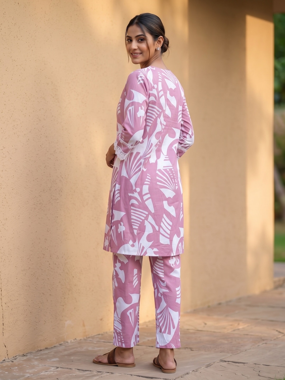 Relaxed Fit Pink Cotton Co-Ord Set with Delicate Floral Motifs - Image 4