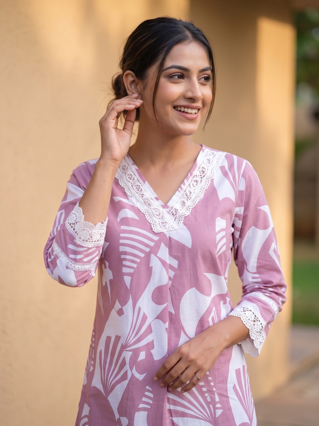 Relaxed Fit Pink Cotton Co-Ord Set with Delicate Floral Motifs - Image 5