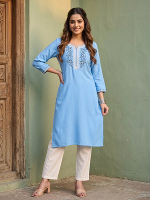 Sky Blue Yoke Embroidered Rayon Straight Kurti - Image 1