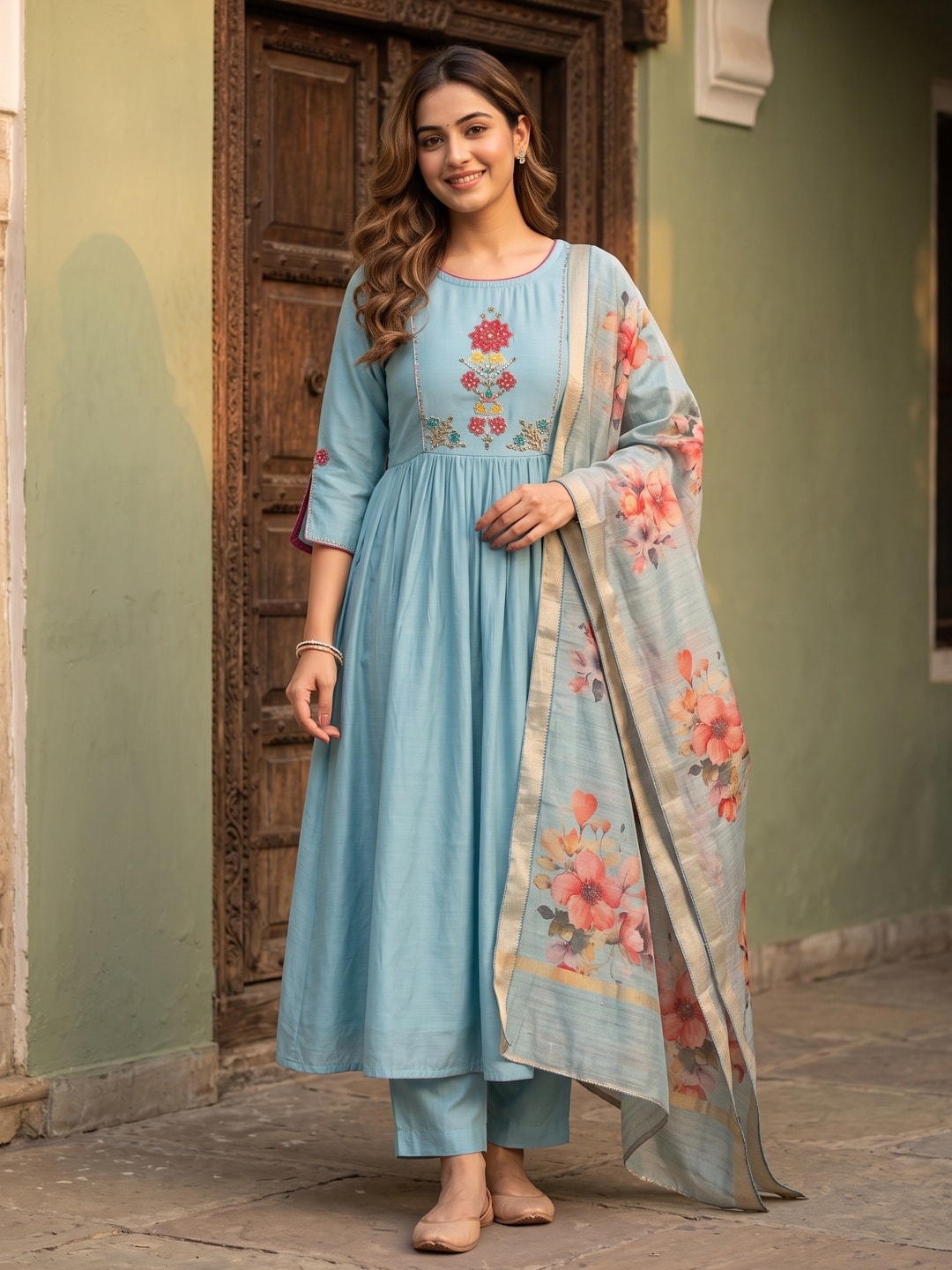 Sky Blue Neck Embroidered Viscose A-Line Salwar Suit - Image 1
