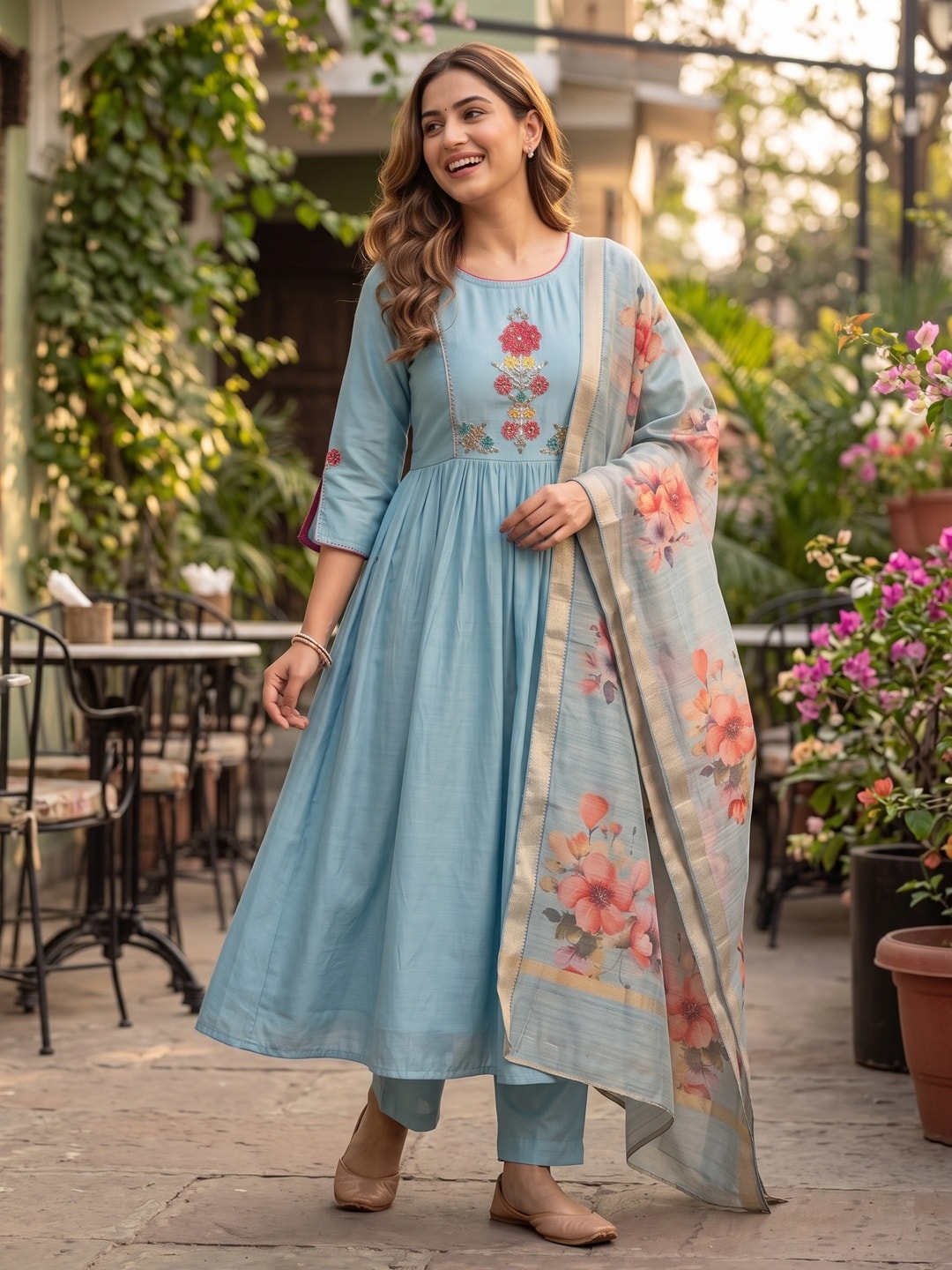 Sky Blue Neck Embroidered Viscose A-Line Salwar Suit - Image 2