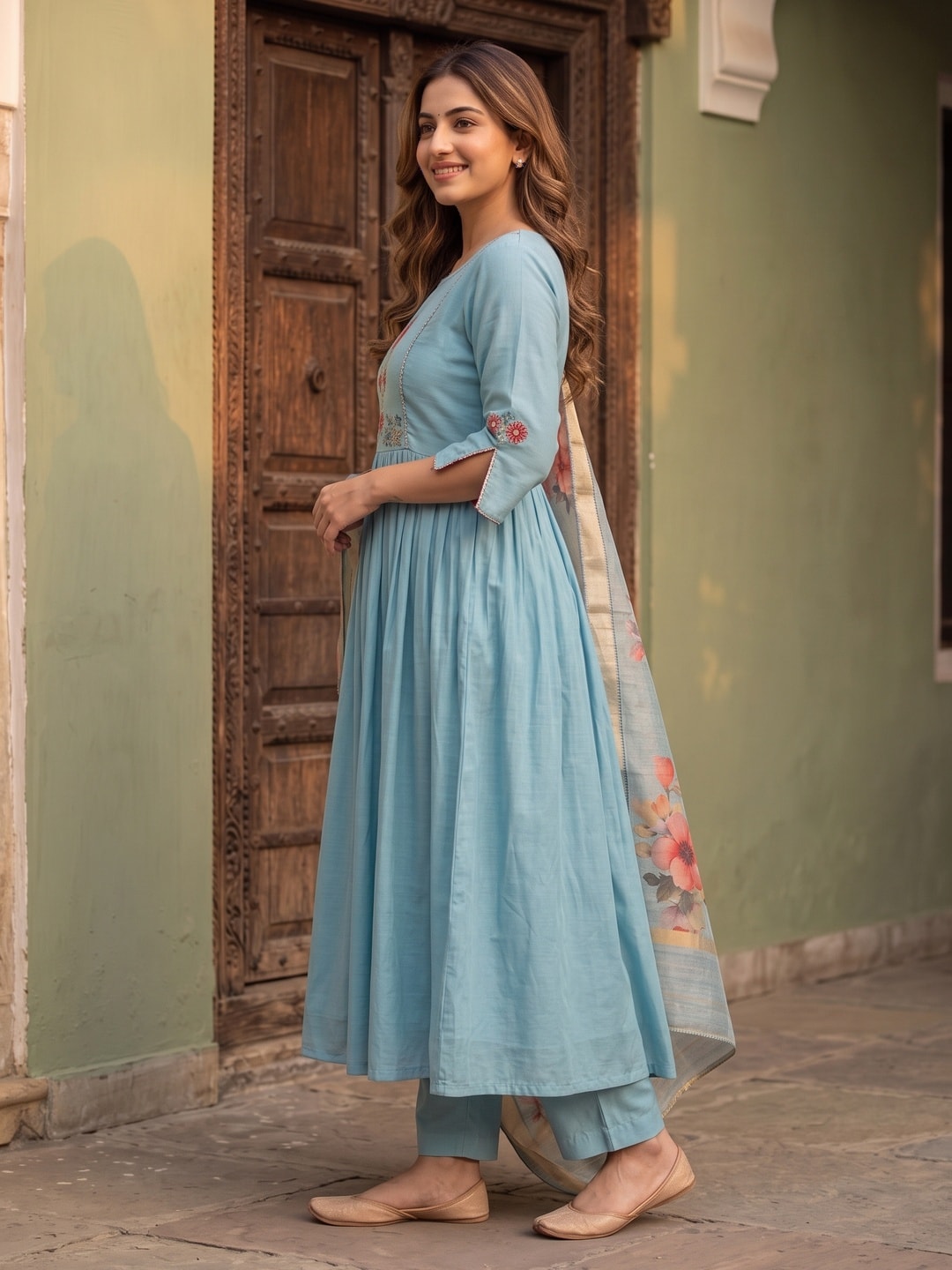Sky Blue Neck Embroidered Viscose A-Line Salwar Suit - Image 3