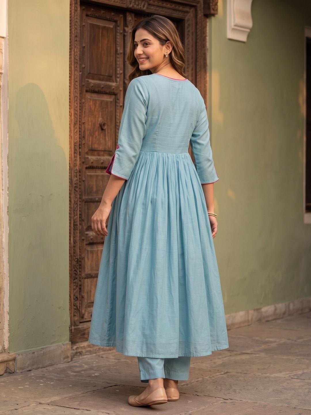 Sky Blue Neck Embroidered Viscose A-Line Salwar Suit - Image 4