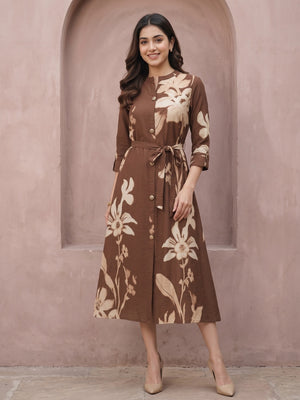 Trendy Brown Viscose Blend Midi Dress Featuring All-Over Floral Prints - Image 1
