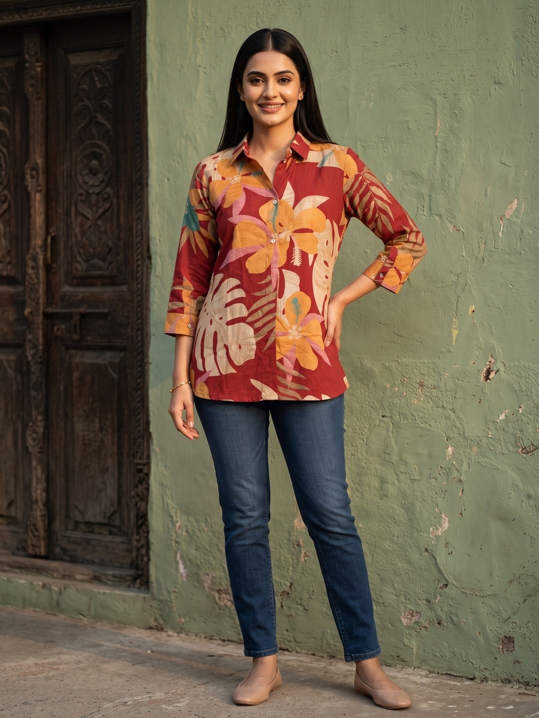 Trendy Red Floral Muslin Shirt Top With Smart Collared Neck & Button Down Front - Image 1