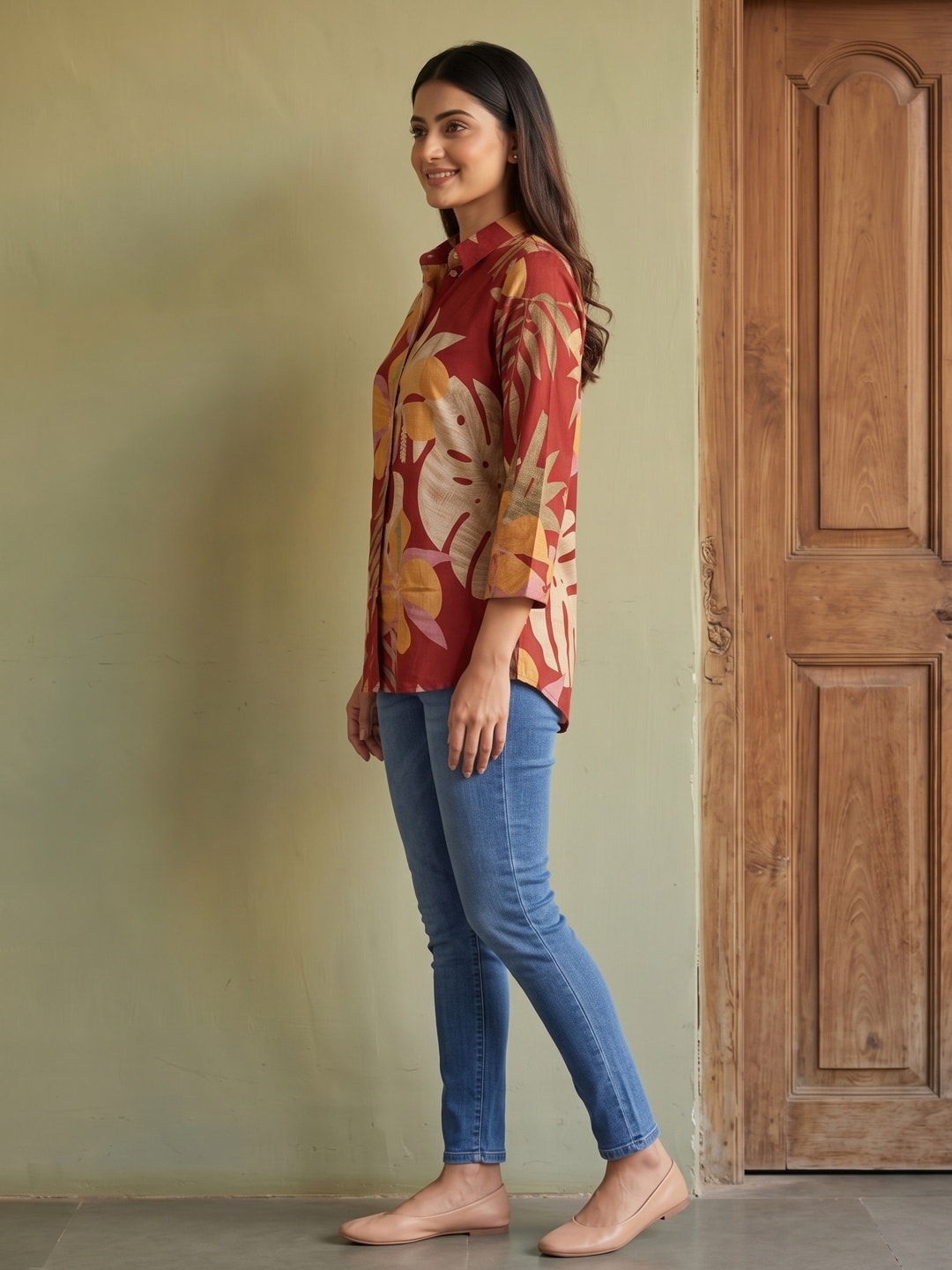 Trendy Red Floral Muslin Shirt Top With Smart Collared Neck & Button Down Front - Image 3