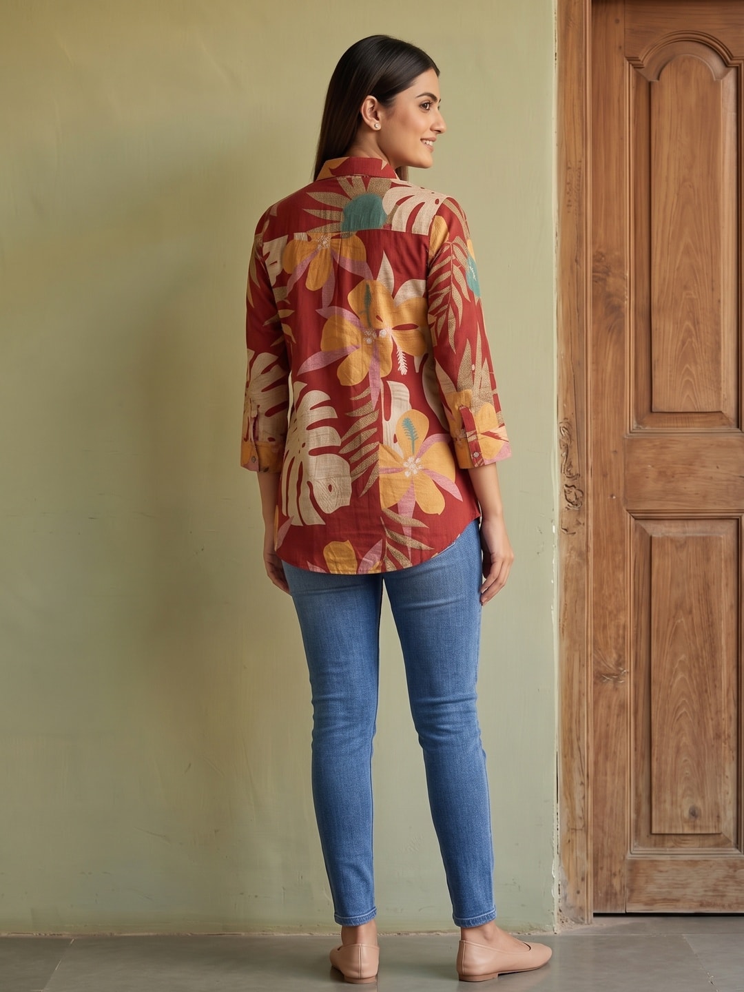 Trendy Red Floral Muslin Shirt Top With Smart Collared Neck & Button Down Front - Image 4