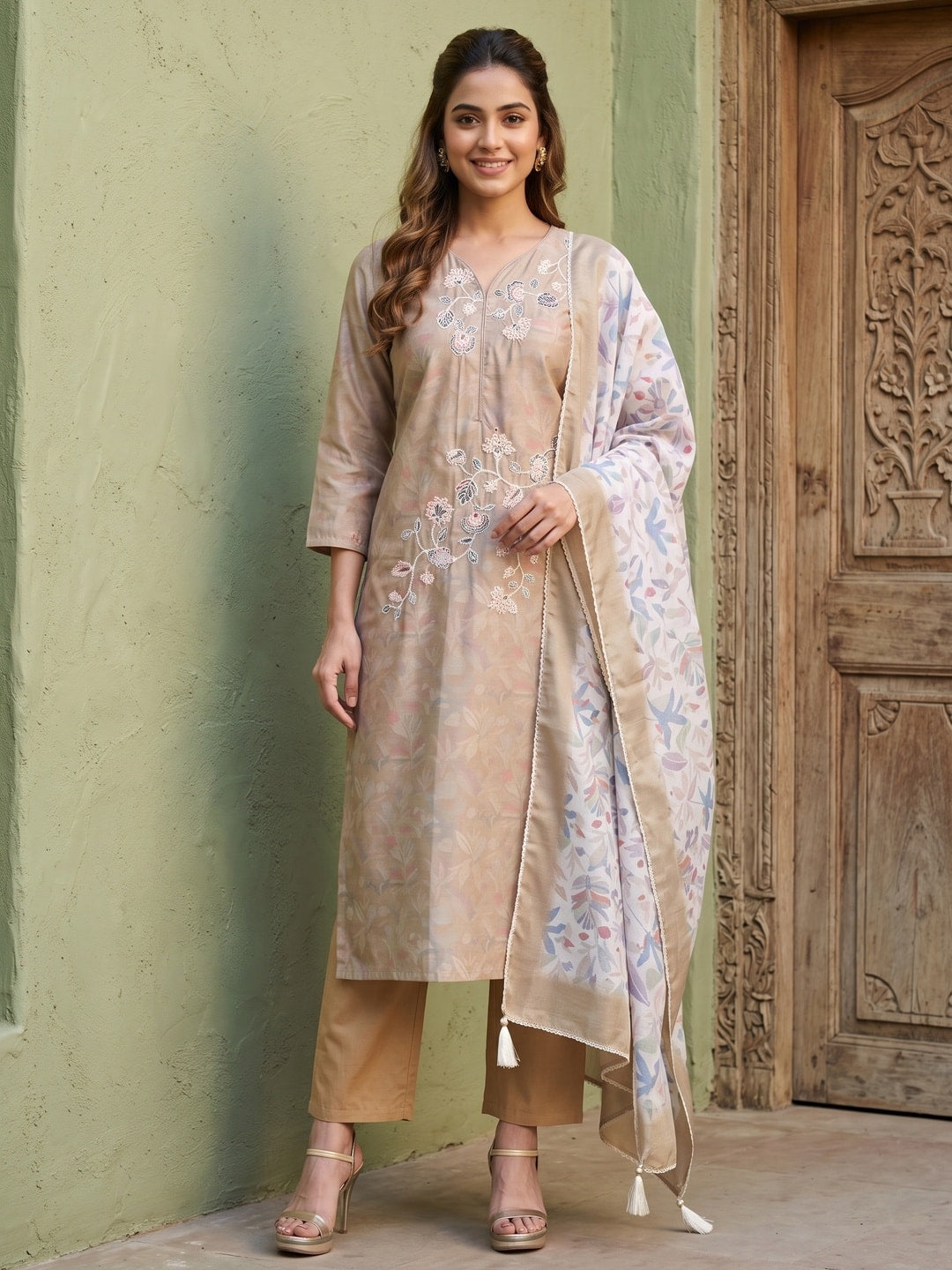 Light Olive Floral Embroidered Chanderi Silk Straight Salwar Suit - Image 1