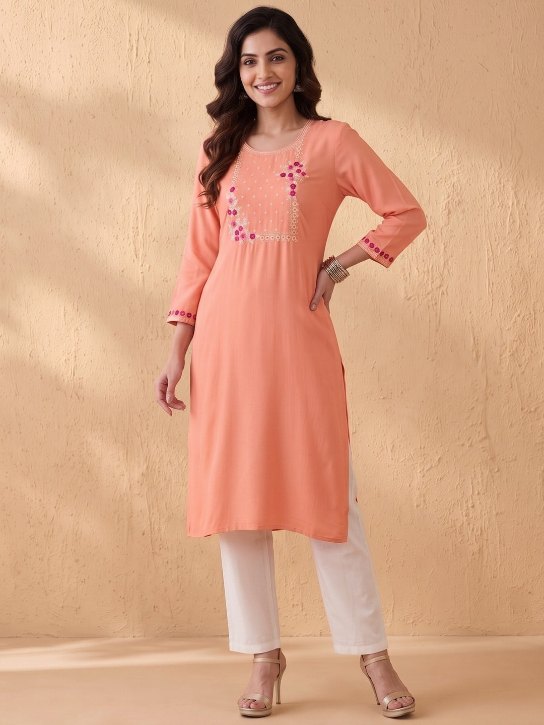 Peach Yoke Embroidered Rayon Straight Kurti - Image 1