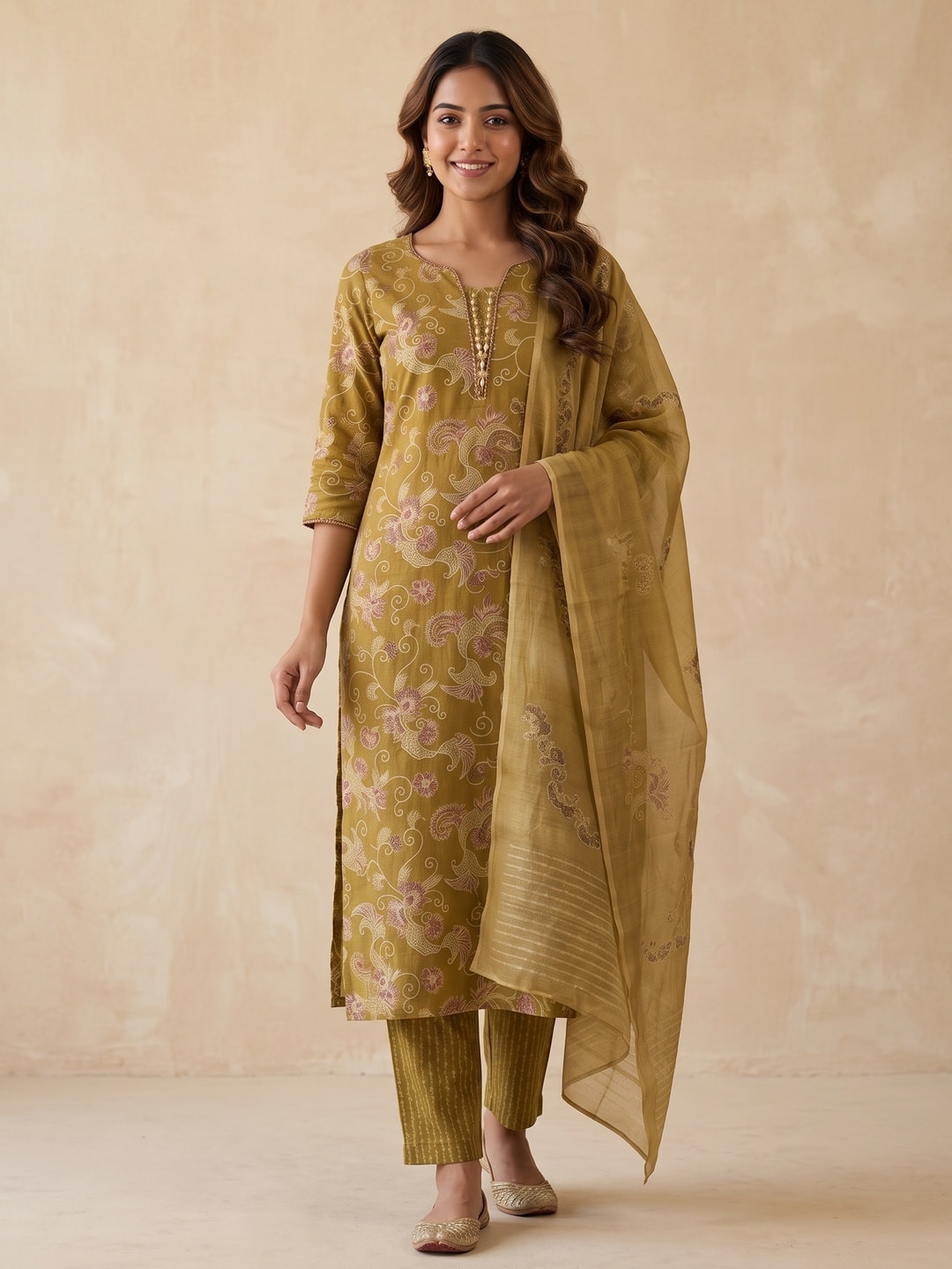 Mustard Rayon Salwar Suit with Artistic Floral Prints and Straight Silhouette - Image 1