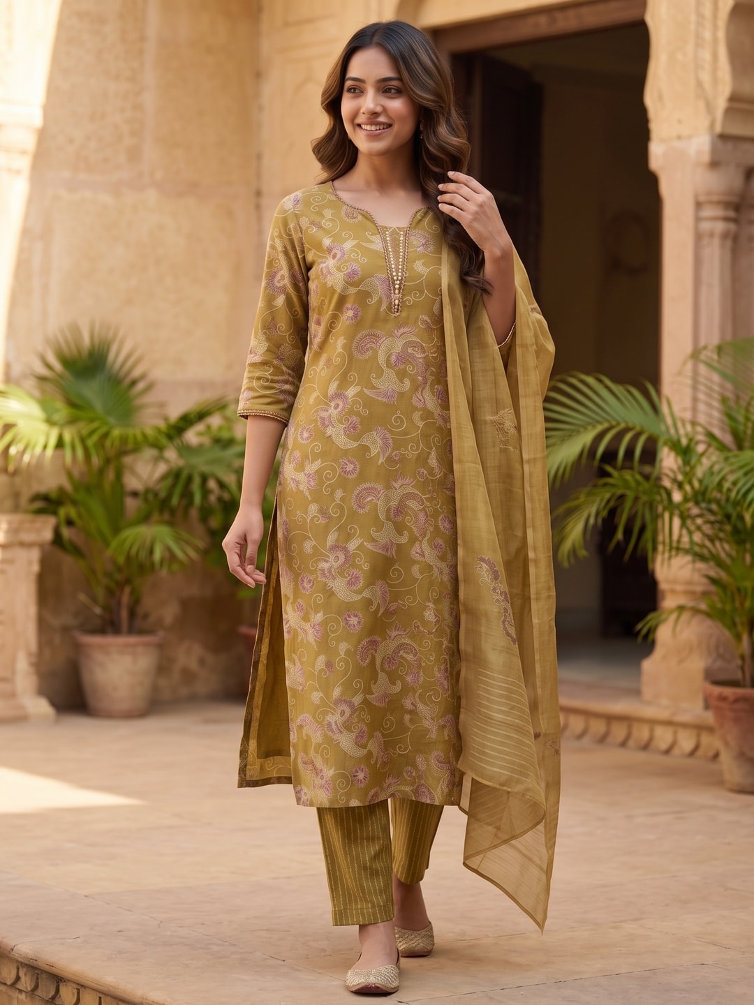 Mustard Rayon Salwar Suit with Artistic Floral Prints and Straight Silhouette - Image 2