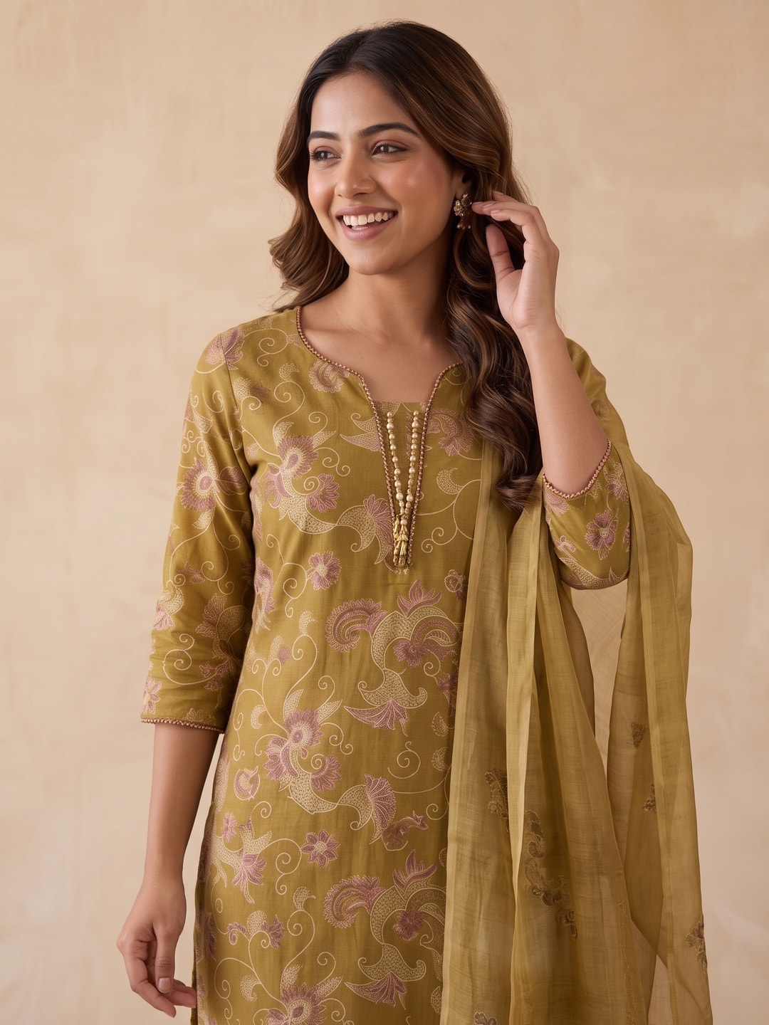 Mustard Rayon Salwar Suit with Artistic Floral Prints and Straight Silhouette - Image 4