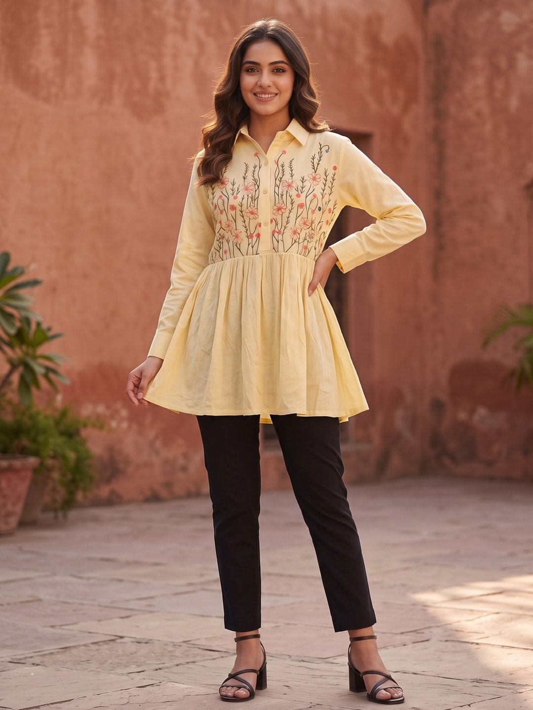 Powder Yellow Heavy Rayon Tunic Top with Delicate Floral Embroidery - Image 1