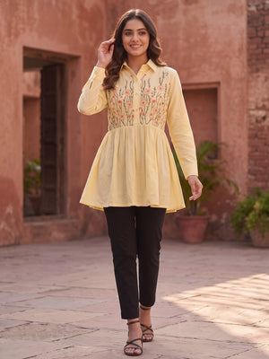 Powder Yellow Heavy Rayon Tunic Top with Delicate Floral Embroidery - Image 2