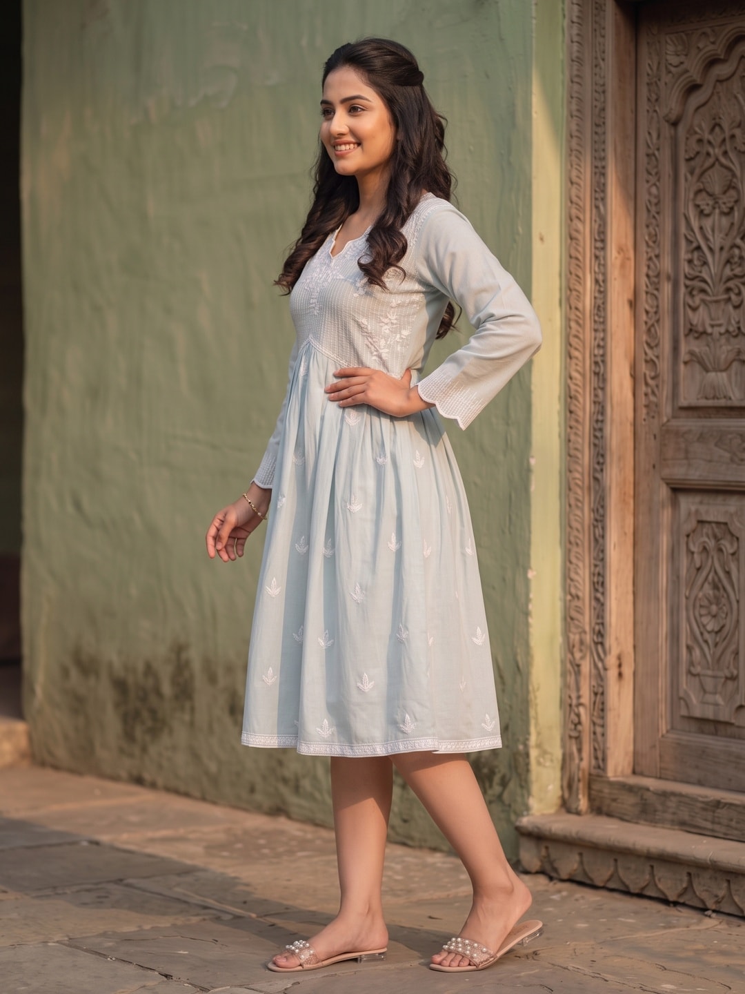Light Turquoise Embroidered Rayon A-Line Dress - Image 3