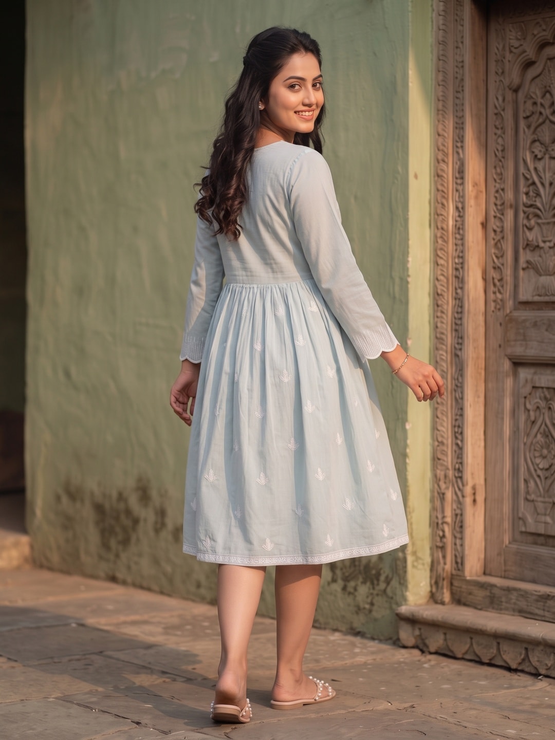 Light Turquoise Embroidered Rayon A-Line Dress - Image 4
