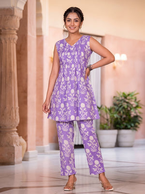 Lavender Floral Printed Pure Cotton A-Line Co-Ord Set - Image 1