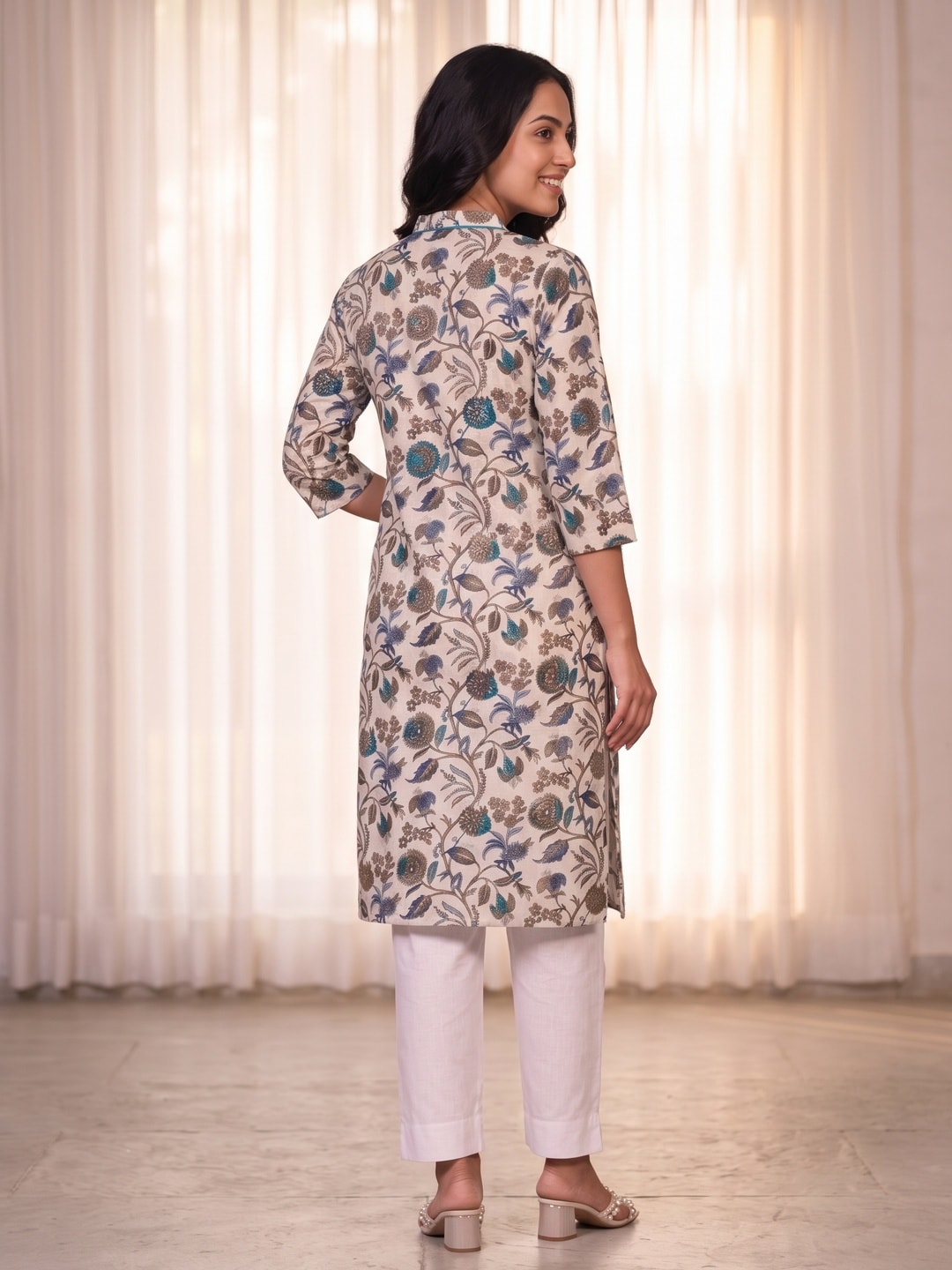 Chikoo & Turquoise Floral Printed Pure Cotton Kurti With Handcrafted - Image 4