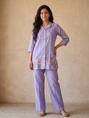 Peachmode Lavender Chanderi Silk Embroidered Co-ord Set - Image 1