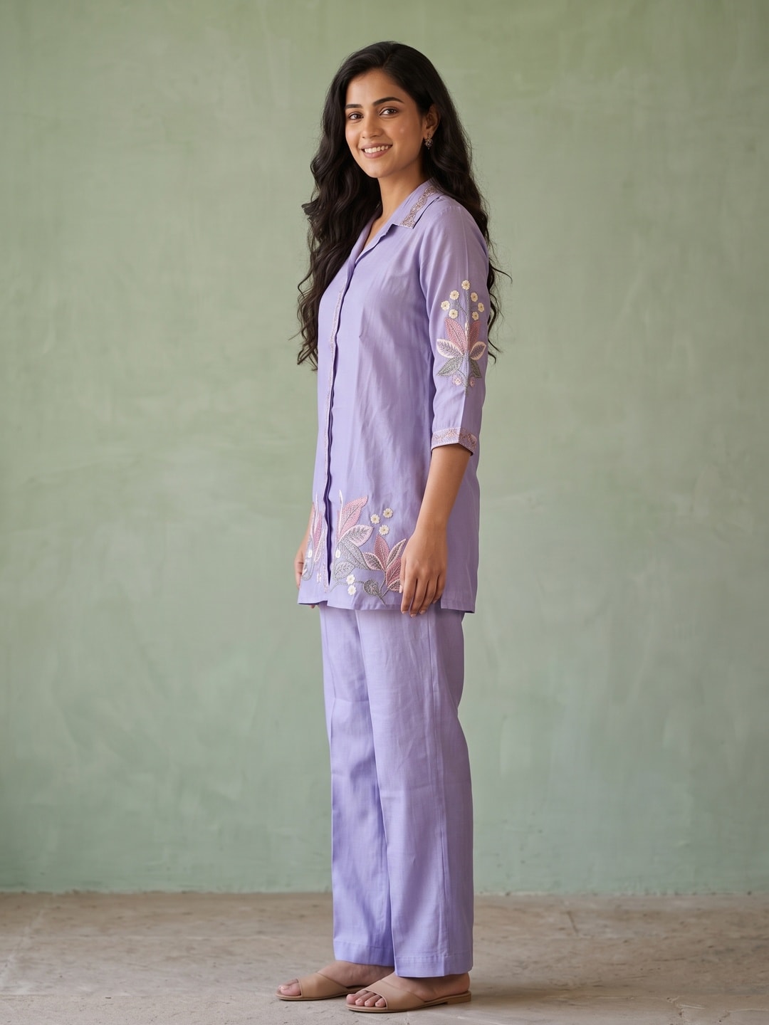 Peachmode Lavender Chanderi Silk Embroidered Co-ord Set - Image 3