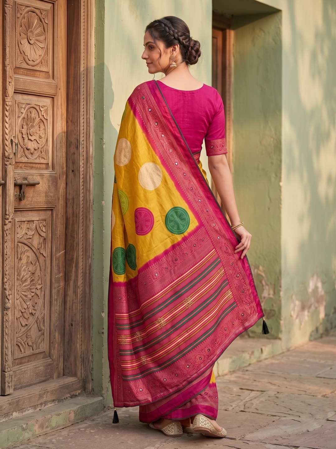 Peachmode Mustard Bandhani Mirror Work Georgette Saree - Image 2