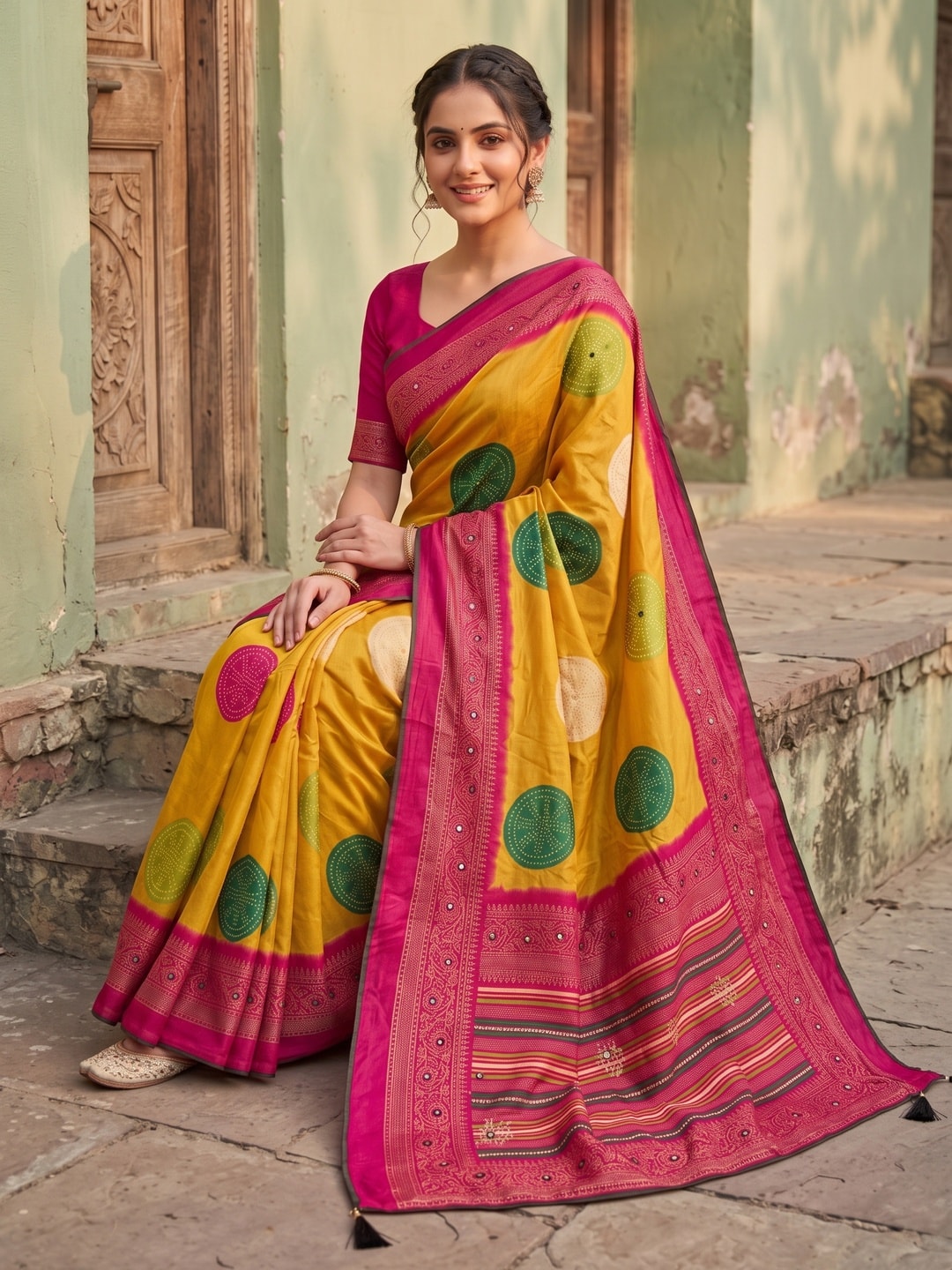 Peachmode Mustard Bandhani Mirror Work Georgette Saree - Image 4