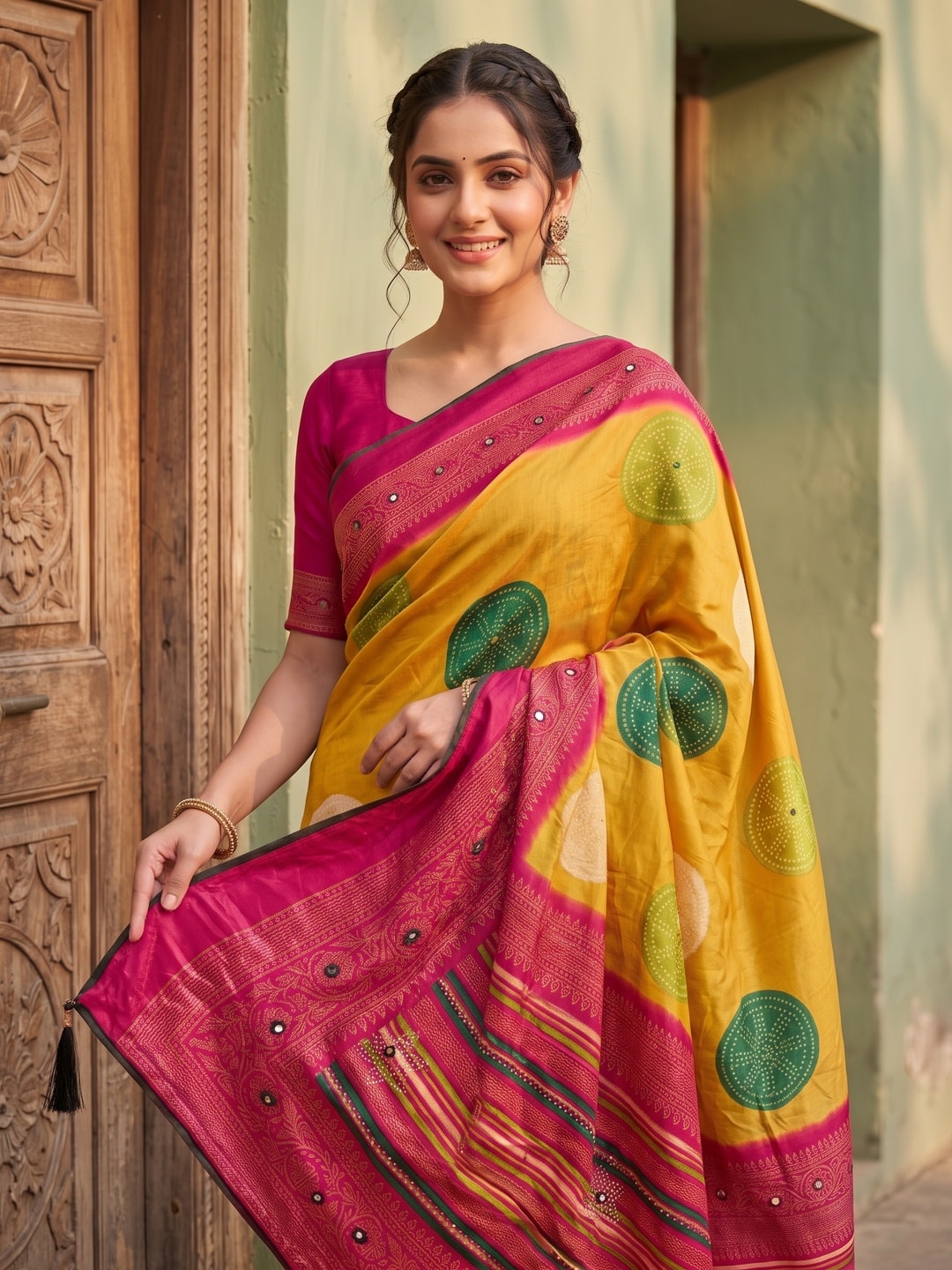 Peachmode Mustard Bandhani Mirror Work Georgette Saree - Image 5