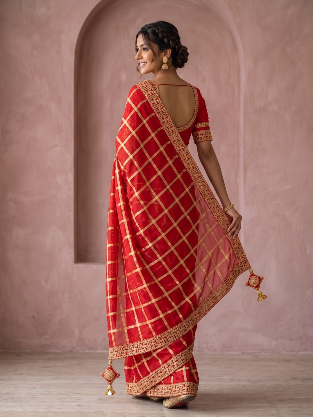 Peachmode Red Viscose Zari Check Saree With Swastik Lace Border - Image 2